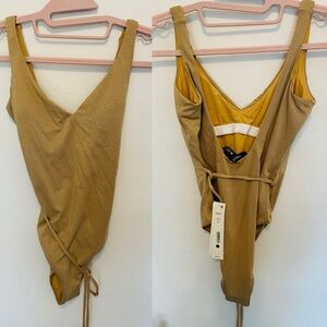 Aqua Metallic Gold Wrap One-Piece Swimsuit